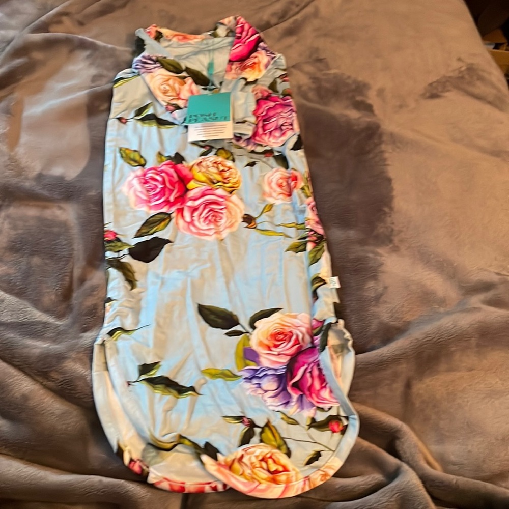 Posh Peanut Infant girls Gown (can be knotted).  Blue with a floral pattern.